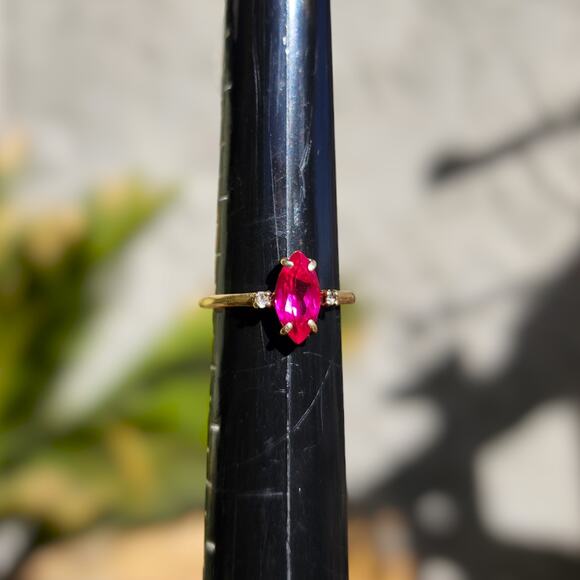 Vintage Jewelry - Vintage Ruby Diamond Ring 10k Solid Yellow Gold Marquise Faceted Stone Size 6